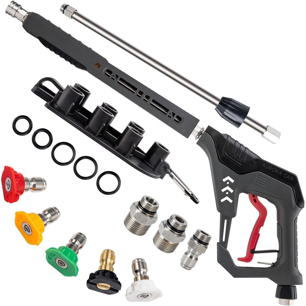 Power Washer Gun Replacement - ปืนฉีดน้ำพร้อมหัวหมุน, หัวต่อเพิ่มความยาวสำหรับเปลี่ยน | ปืนฉีดน้ำแรงดันสูง 5000PSI, ข้อต่อ
