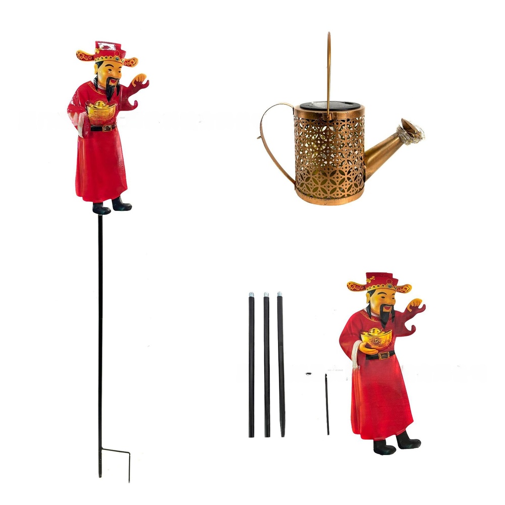 Outdoor Yard Power Stake - โคมไฟรดน้ำต้นไม้พลังงานแสงอาทิตย์โลหะสีแดงพร้อมลวดลายมงคลแบบจีนสำหรับตกแต่งสวนกลางแจ้ง