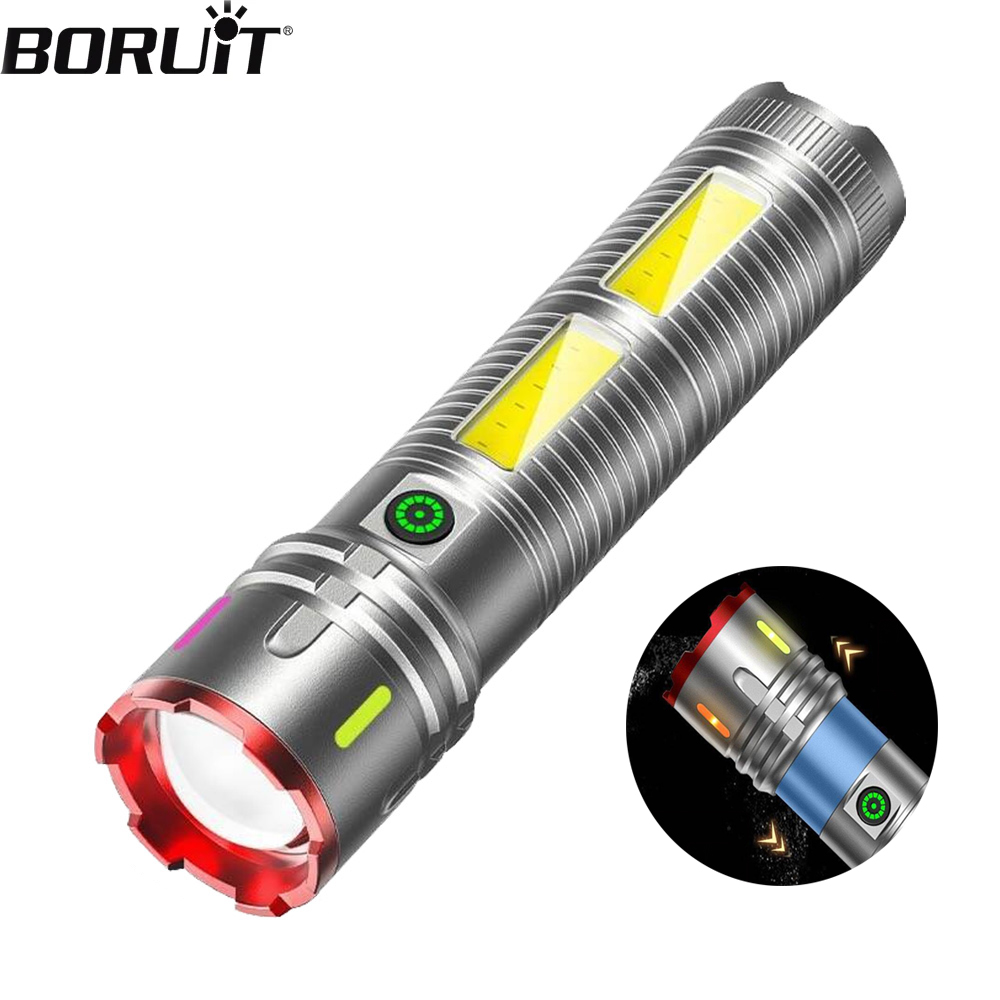 Outdoor Power Meter Bike - BORUiT ไฟฉาย LED Zoomable Type-C ไฟฉายแบบชาร์จไฟได้พร้อมไฟด้านข้างและจอแสดงผล
