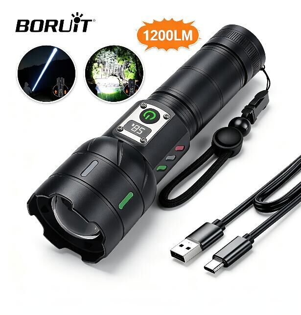 Outdoor Power Meter Bike - BORUiT A15 ไฟฉายพร้อมหน้าจอแสดงพลังงานดิจิตอล ปรับซูมได้ ใช้แบตเตอรี่ภายนอก 26650